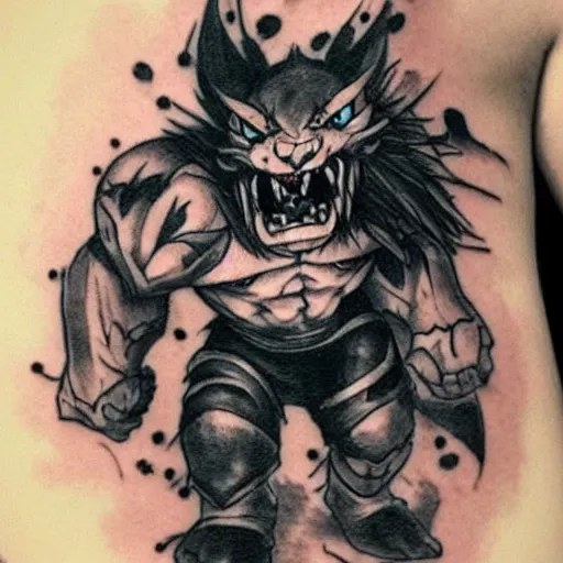 Image similar to a tatoo of rengar from league of legends,