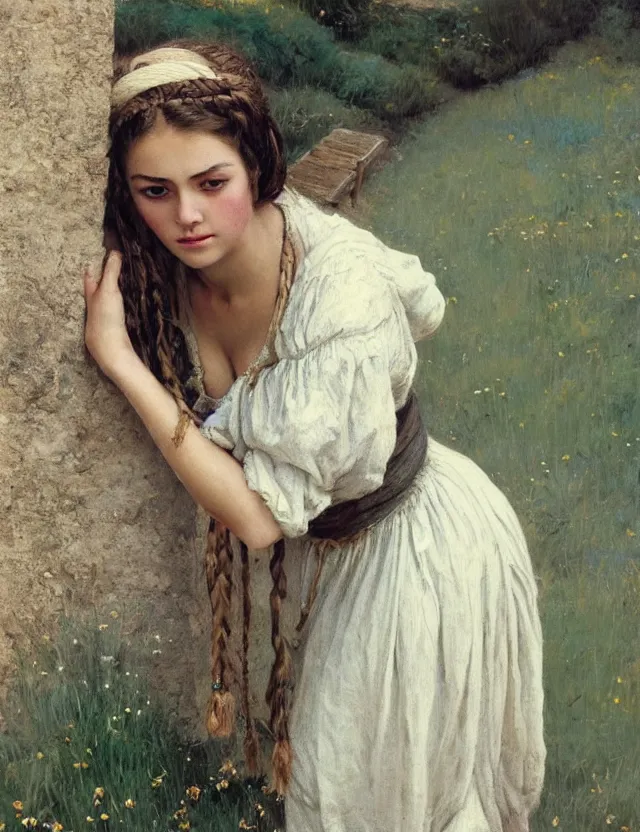 Prompt: tempting peasant girl with deep seductive décolleté and long braids, on a village, high angle view, portrait, Cinematic focus, Polaroid photo, vintage, neutral colors, soft light, foggy, by Steve Hanks, by Serov Valentin, by lisa yuskavage, by Andrei Tarkovsky 8k render, detailed, oil on canvas