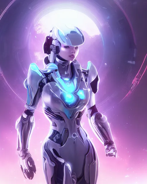 Image similar to perfect android girl on a mothership, warframe armor, beautiful face, scifi, futuristic, galaxy, nebula, raytracing, dreamy, long white hair, blue cyborg eyes, sharp focus, cinematic lighting, highly detailed, artstation, divine, by gauthier leblanc, kazuya takahashi, huifeng huang