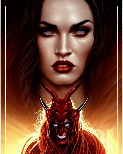 Prompt: portrait of megan fox as purgatori, vampire, horns, red skin, chaos comics, coffin comics, hell, intricate, headshot, highly detailed, digital painting, artstation, concept art, sharp focus, cinematic lighting, illustration, art by artgerm and greg rutkowski, alphonse mucha, cgsociety