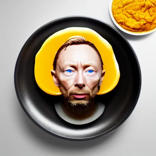 Image similar to thom yorke as egg yolk while cooking on a pan, thom yorke is made of egg yolk he is egg yolk, realistic, hyperrealistic, ultra realistic, real, real world, highly detailed, very detailed, extremely detailed, intricate details, 8 k resolution, hd quality