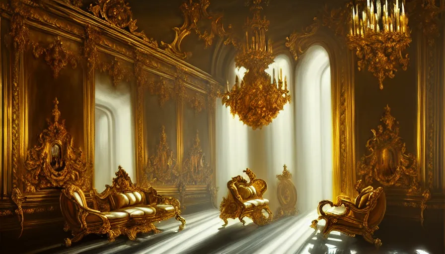 Image similar to rococo interior made from chrome, versailles, light, shadows, reflections, epic composition, intricate, elegant, volumetric lighting, digital painting, highly detailed, artstation, sharp focus, illustration, concept art, ruan jia, steve mccurry