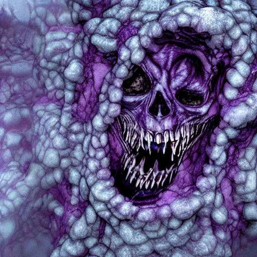 Image similar to a world of cold blue flesh with purple veins losing its molecular coherence, nightmare, horror, doom