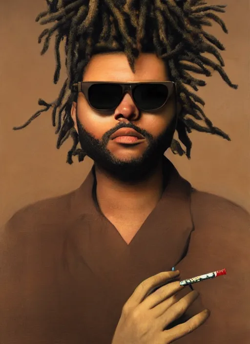 Prompt: the weeknd wearing sunglasses and smoking by giuseppe arcimboldo, brown skin, classical painting, digital painting, romantic, vivid color