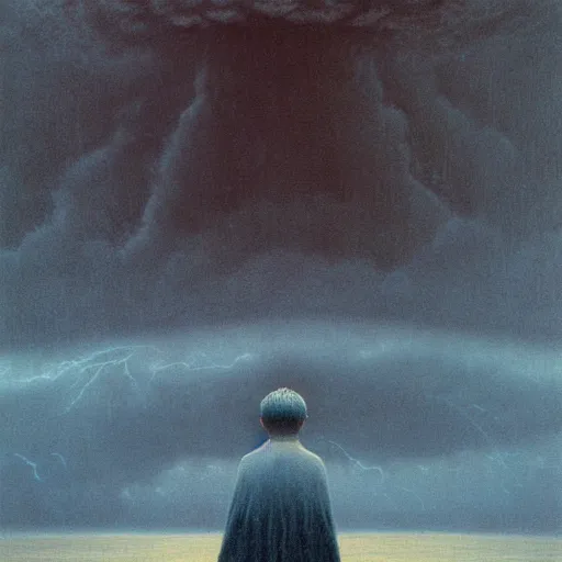 Image similar to killua zoldyck made by zdzisław beksinski, thunderstorm, 8 k, detailed, cinematic, rain, crying, black