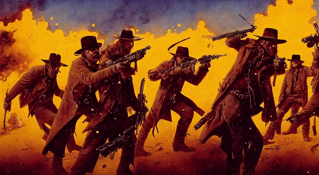 Image similar to epic action gunfight battle scene with fire and explosions from The Hateful Eight by Quentin Tarantino in style by Dave Gibbons, John Berkey, Beksinski Carl Spitzweg Moebius and Tuomas Korpi, trending on artstation, details, noisy film grain effect, wide shot, 30mm, intricate, 4k, very very high detailed perfect faces