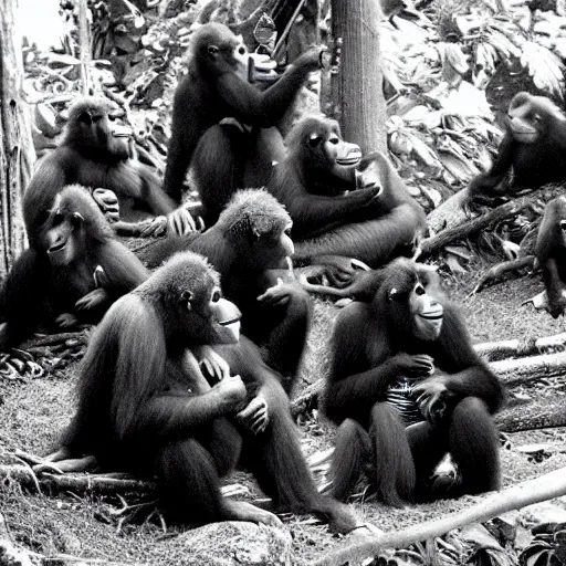 Image similar to a swat team consisting of orangutans listening a briefing from their gorilla leader, award winning vintage 1 9 9 0 photo