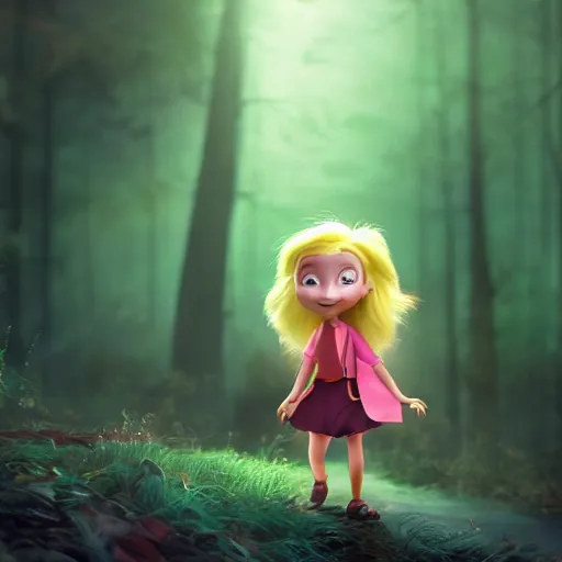 Prompt: young seven year old girl, blond hair green eyes, riding a gray wolf, in a dark forest, mysterious, backlit, beautiful still from a pixar disney movie, trending on artstation