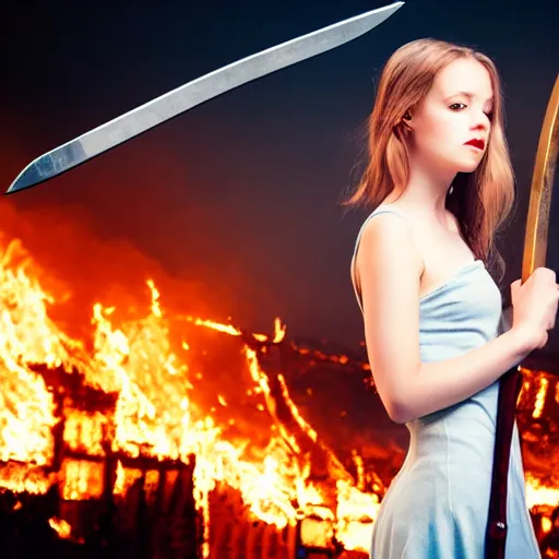 Image similar to a beautiful girl with a beautiful face in a torn dress holding a sword against the background of a burning city, finale fantasy