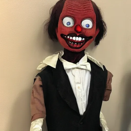 Image similar to scary looking cursed ventriloquist dummy for sale in thrift store