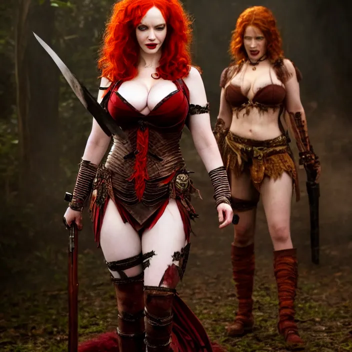 Image similar to full length photo of christina hendricks as a vampire amazon warrior, highly detailed, 4 k, hdr, smooth, sharp focus, high resolution, award - winning photo