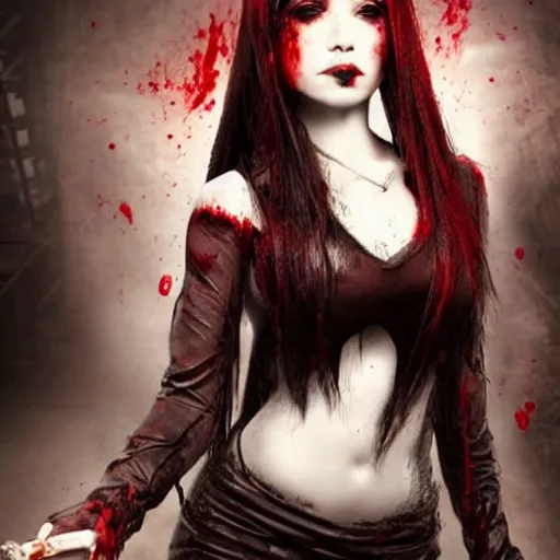 Image similar to a female vampire covered in blood with a perfect figure, perfect face and athletic body, dark fantasy, sharp focus, realistic.