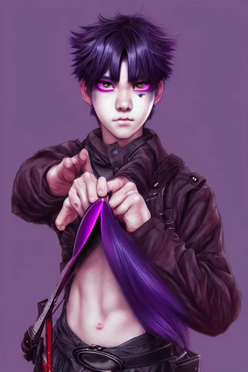 Prompt: gorgeous!!! hyper - realistic teenager boy with purple hair, purple eyes with red eye markets, wearing combat japanese clothes, holding a fan | drawn by wlop, drawn by jeehyung lee, drawn by artgerm | intricate, highly detailed, digital painting, character design, concept art, illustration, artstation