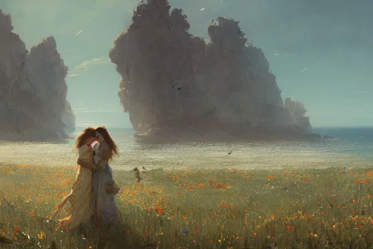 Image similar to a beautiful painting of the sea of flower, two people, by greg rutkowski, trending on artstation