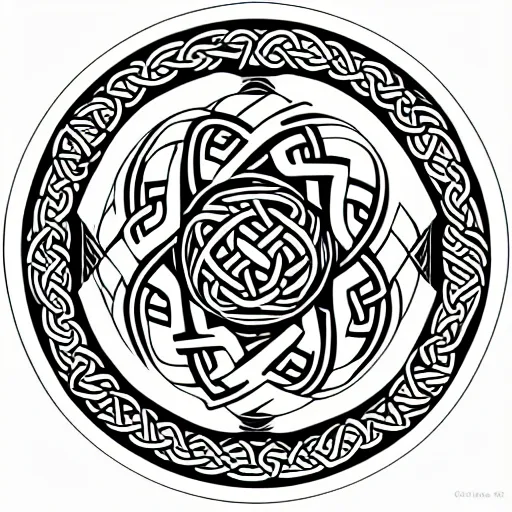 Image similar to a circular vector tattoo design in a spiky tribal style, and in a celtic knot style.