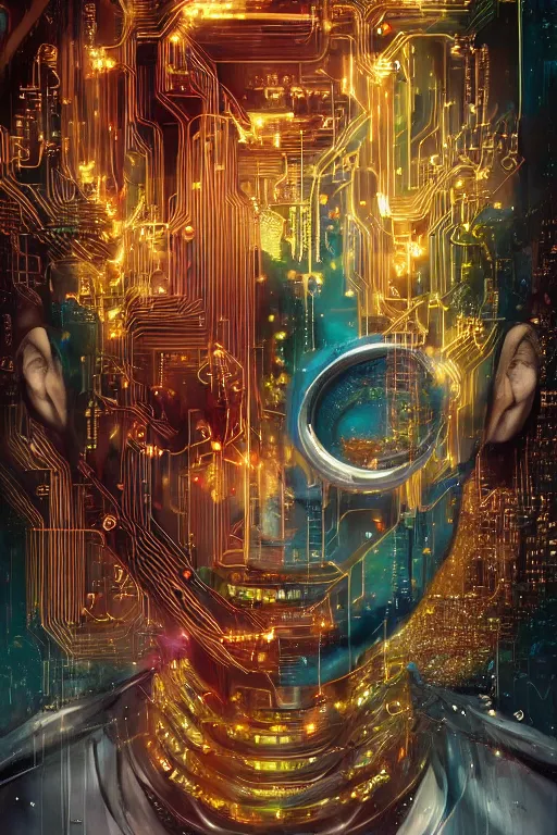 Prompt: portrait of computer & circuits, melting, gems and gold, 8 k, by tristan eaton, stanley artgermm, tom bagshaw, greg rutkowski, carne griffiths, ayami kojima, beksinski, giger, trending on deviantart, face enhance, hyper detailed, minimalist, cybernetic, android, blade runner, full of colour, super detailed