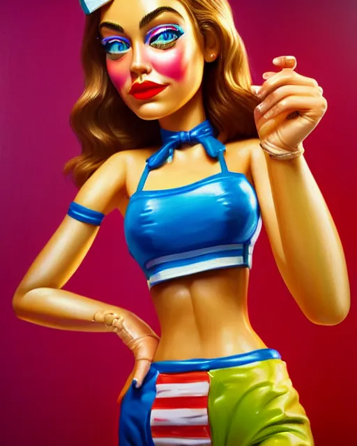 Image similar to closeup profile face profile portrait of a tin toy cara delevigne as a waitress in a diner, bikini, hyper realistic, artstation, illustration, concept art by dan decarlo, digital paint, matte paint, vivid colors, bright, cheerful, detailed and intricate environment