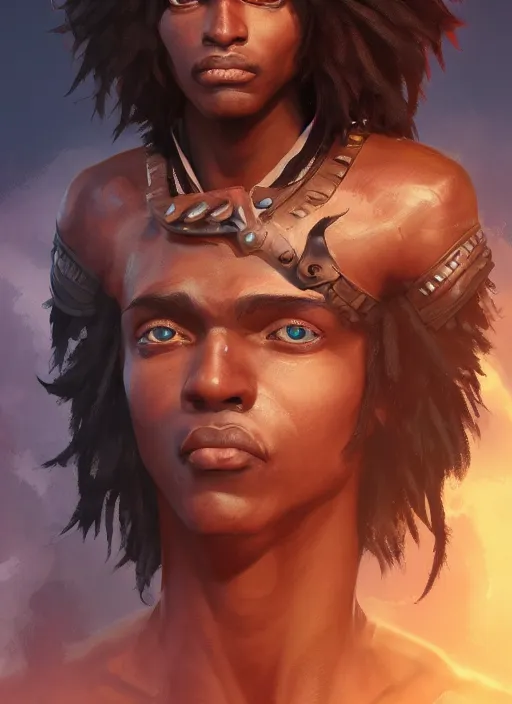 Image similar to An epic fantasy comic book style portrait painting of a dark skinned long haired boy with intelligent eyes, unreal 5, DAZ, hyperrealistic, octane render, cosplay, RPG portrait, dynamic lighting