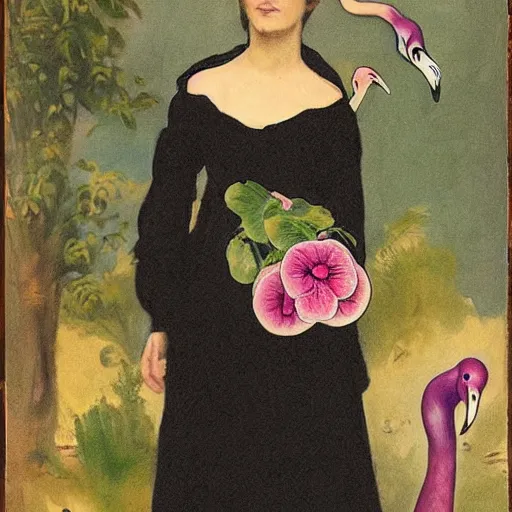 Image similar to tattoo of a prim but vulnerable victorian woman in black dress with strap hanging off one shoulder in a frame of radishes, flamingoes, and cats, in the style of john singer sargent