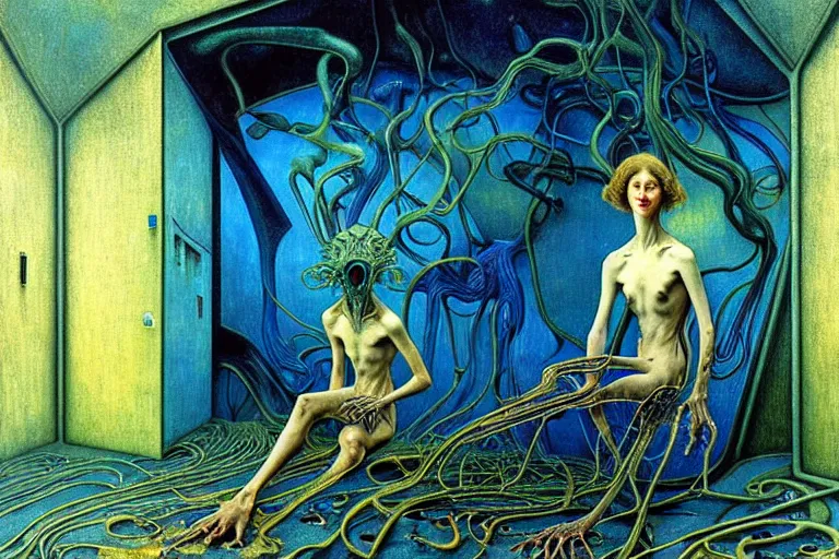 Image similar to realistic extremely detailed portrait painting of a bizarre creature sitting in the corner of an abandoned house, futuristic sci-fi landscape on background by Jean Delville, Amano, Yves Tanguy, Alphonse Mucha, Ernst Haeckel, Edward Robert Hughes, Roger Dean, rich moody colours, blue eyes