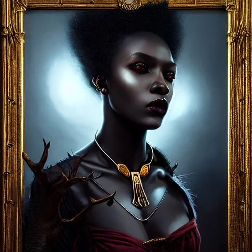 Prompt: Portrait of a riveting African vampire woman!, atmospheric lighting, gothic makeup, intricate, Transylvanian castle, volumetric lighting, beautiful, starlit sky, sharp focus, ultra-detailed, by Tom Bagshaw Leesha Hannigan, Ross Tran, Thierry Doizon, Kai Carpenter, Ignacio Fernández Ríos