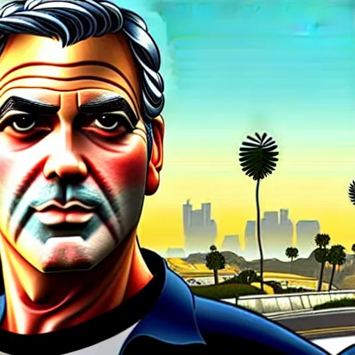 Image similar to george clooney in gta v. los santos in background, palm trees in the art style of stephen bliss