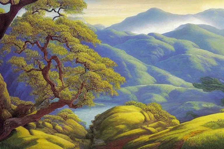 Image similar to masterpiece painting of oak trees on a hillside overlooking a creek, dramatic lighting, by marianne north