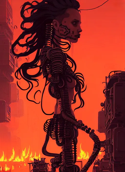 Image similar to highly detailed portrait of wasteland punk long curly fire hair tribal lady, stray wiring by atey ghailan, james gilleard, by joe fenton, by greg rutkowski, by greg tocchini, by kaethe butcher, 4 k resolution, gradient red, orange, black and white color scheme!!! ( ( burning flaming robotic dystopian city background ) )