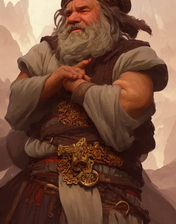 Image similar to elder mountain dwarf merchant, portrait, D&D, fantasy, highly detailed, digital painting, artstation, concept art, sharp focus, smooth, illustration, art by artgerm and greg rutkowski and alphonse mucha