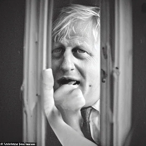 Prompt: a photo taken from the inside of an old house showing the curtains of a window being pulled back to reveal a terrifying boris johnson with his face pressed against the window, boris ’ hand placed on the window, horrifying grin. raining, thunderstorm, night time