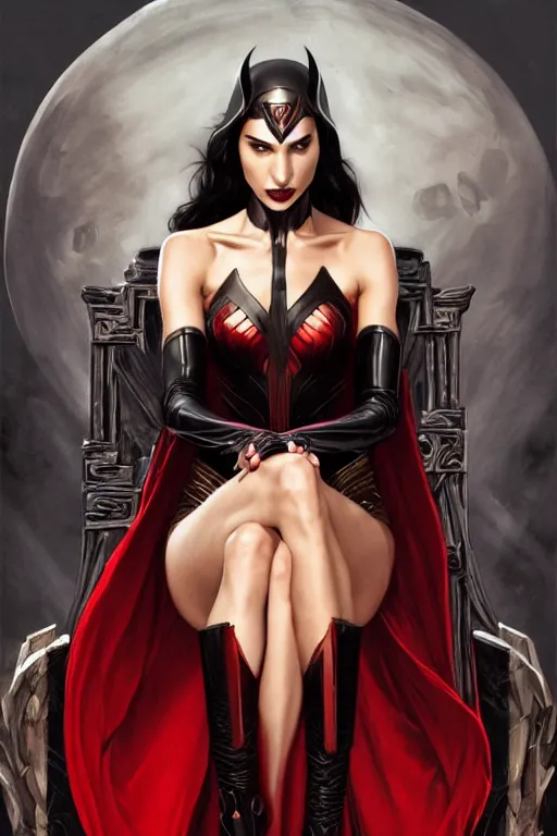 Image similar to Gal Gadot as a vampire queen, black and red silk clothing, sitting on throne, Full body shot, D&D, fantasy, intricate, elegant, highly detailed, digital painting, artstation, concept art, matte, sharp focus, illustration, hearthstone, art by Artgerm and Greg Rutkowski and Alphonse Mucha