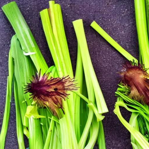 Image similar to Onion Heads gang turf war with the rival Celery Foot gang. Hands can be distinguished by wearing their colours and their onion heads and celery feet. Award winning photography