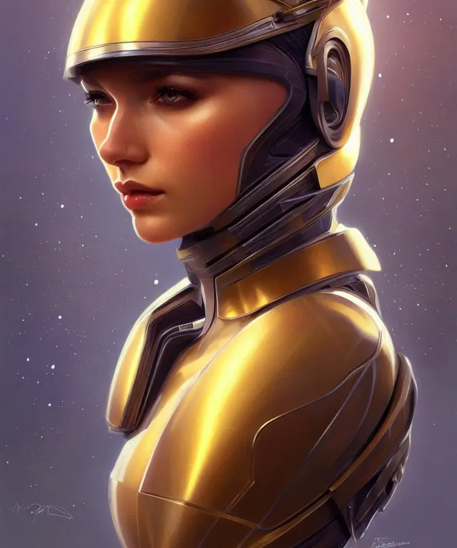 Image similar to futuristic woman in helmet portrait, sci-fi, amber eyes, face, long hair, fantasy, intricate, elegant, highly detailed, digital painting, artstation, concept art, smooth, sharp focus, illustration, art by artgerm and greg rutkowski and alphonse mucha