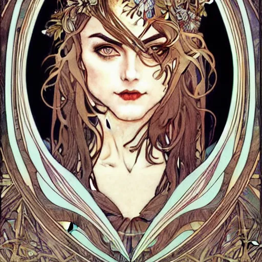 Image similar to in the style of artgerm, arthur rackham, alphonse mucha, phoebe tonkin, symmetrical eyes, symmetrical face, flowing blue skirt, hair blowing, intricate filagree, hidden hands, warm colors, cool offset colors