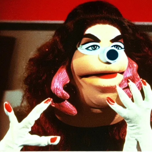 Image similar to 1983 happy woman on a talk show show with a long prosthetic snout nose, big nostrils, wearing a dress, 1983 French film color archival footage color film 16mm Fellini Almodovar John Waters Russ Meyer Muppet Show