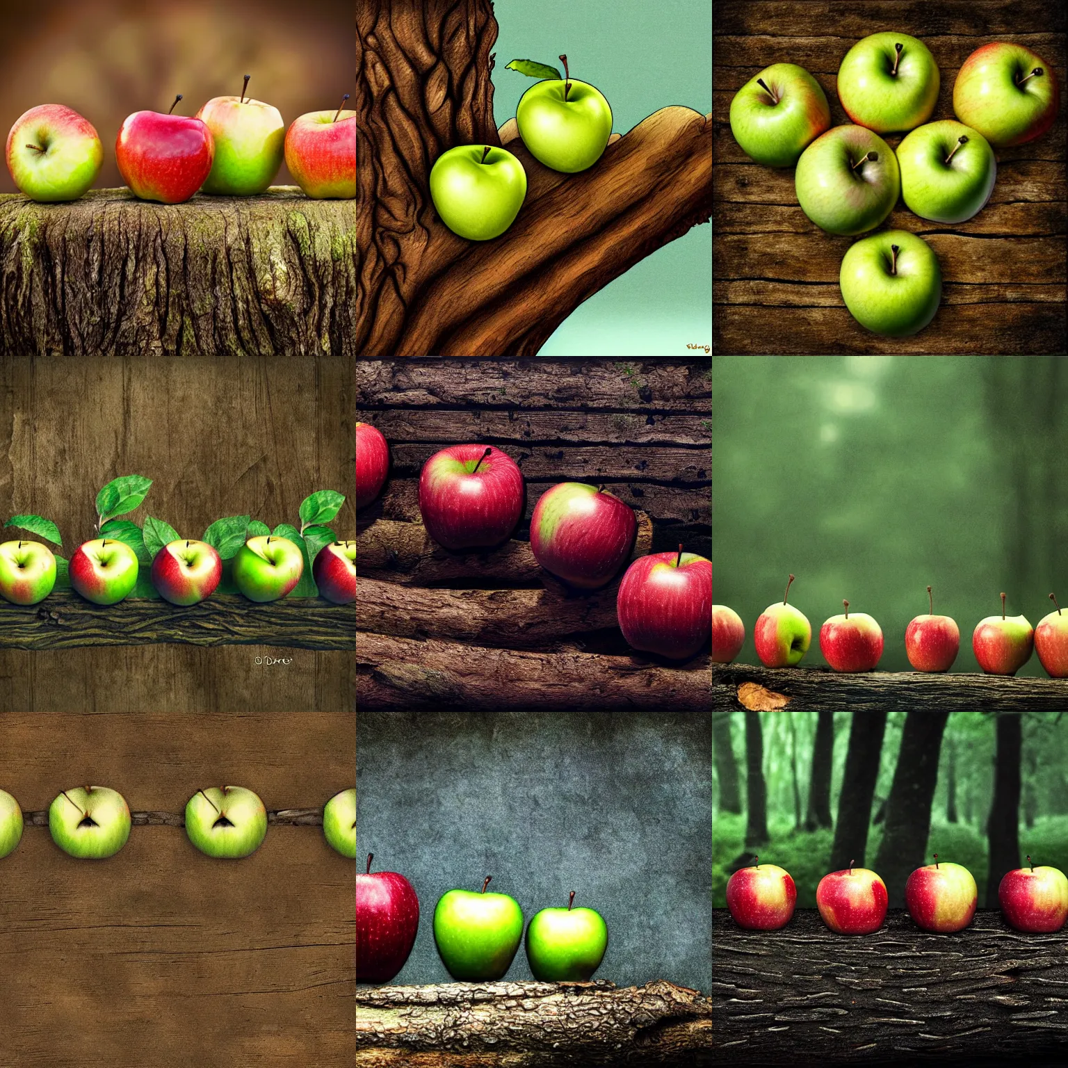 Prompt: five apples sitting on a log, ominous dark forest, highly detailed digital art