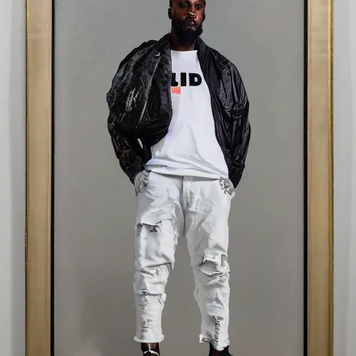 Image similar to a full body lookbook portrait of modern - day jesus wearing virgil abloh off - white menswear and sneaker collection by nicola samori, detailed, realistic oil painting, hyper - realistic, 8 k, off - white collection