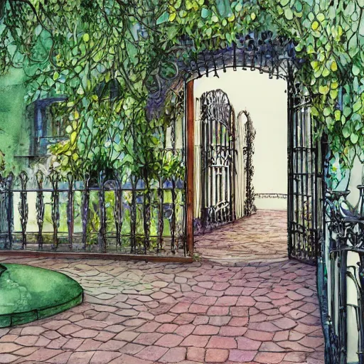 Prompt: delicate, chairs, garden, paved, botanic watercolors, iridescent, 8 k, realistic shaded, fine details, artstation, italian, iron gate, tree, mediterranean, neon flowers