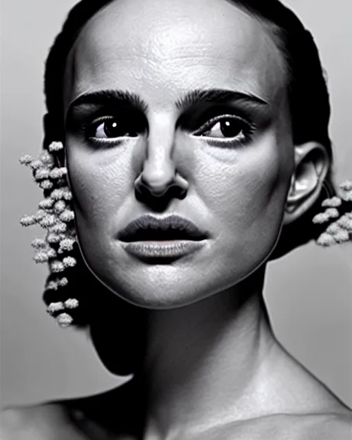 Prompt: symmetrical young natalie portman portrait cream white background, soft diffused light, bjork aesthetic, translucent, by rineke dijkstra, intricate details, highly detailed, masterpiece,