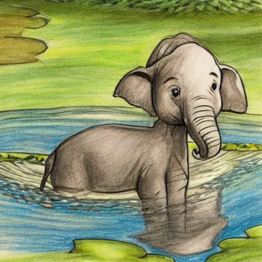 Image similar to a drawing of a baby elephant drinking from a pond, a storybook illustration by jessie newbery, featured on dribble, plein air, storybook illustration, flat shading, whimsical