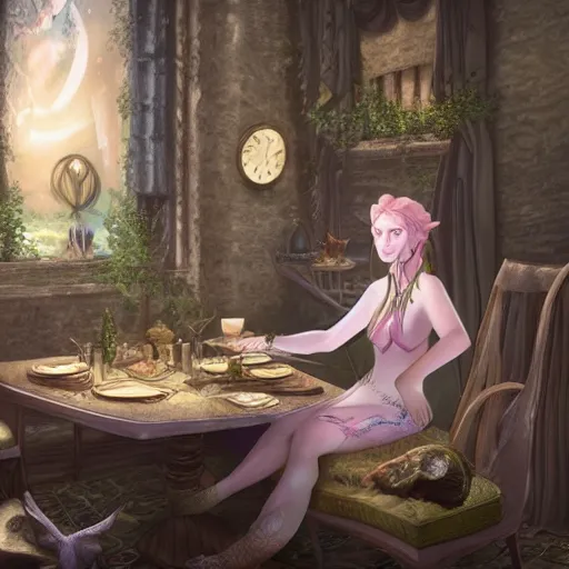 Prompt: An archfey from the Feywild sitting in their dining room alone, 8k resolution, digital art, highly detailed