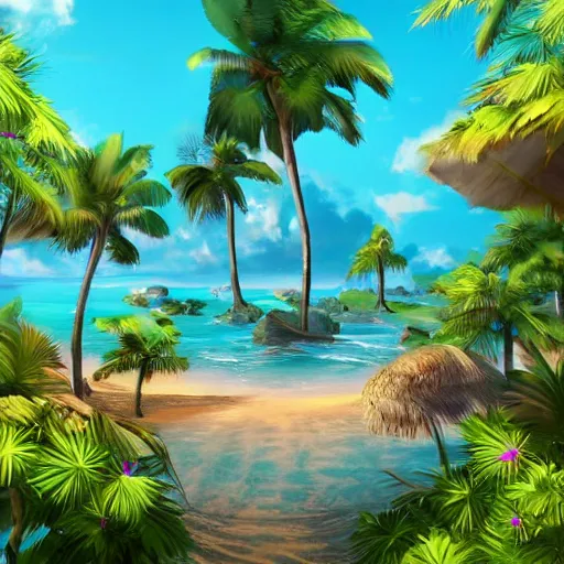Prompt: a tropical island, digital art, trending on artstation