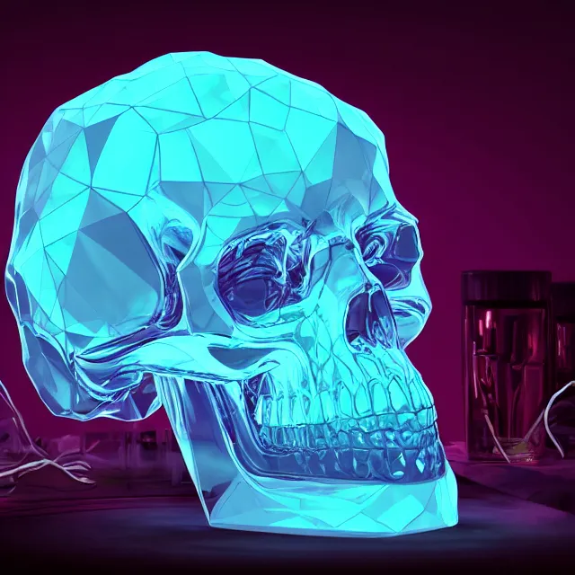 Prompt: crystal skull, full of liquid, powered by electroluminescent wires, by charlie bowater, isometric, chroma colors, rim lighting, 8 k, polygon, paradox, screen space global illumination, volumetric light, transparent, liquid crystal, ray tracing reflections