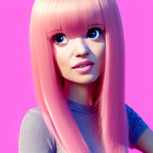 Image similar to A portrait of Nikki from Shining Nikki and Love, a cute 3d cgi toon young woman with long light pink hair, full bangs, hazel eyes, full face, light makeup, pale skin, Chinese heritage, cute outfit, medium shot, mid-shot, hyperdetailed, 8k, trending on artstation, as a Pixar character