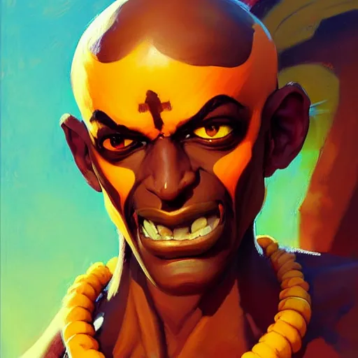 Image similar to Greg Manchess portrait painting of Dhalsim as Overwatch character, medium shot, asymmetrical, profile picture, Organic Painting, sunny day, Matte Painting, bold shapes, hard edges, street art, trending on artstation, by Huang Guangjian and Gil Elvgren and Sachin Teng