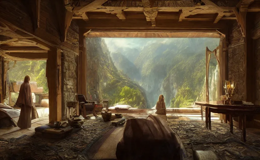 Image similar to painting of a series of opposing living quarters overlooking a greatroom carved inside a mountain, lush garden with hot spring between, cozy bed, well maintained, clean, medieval, fantasy genre, natural light, fantasy, natural light, concept art, by greg rutkowski and craig mullins, cozy atmospheric and cinematic lighting, trending on artstation