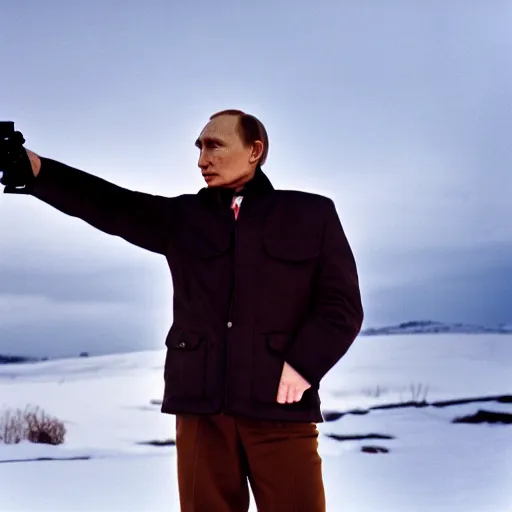 Prompt: photo of putin pointing a gun, red lighting cinestill, 800t, 35mm, full-HD