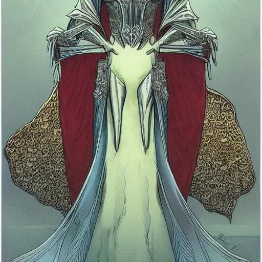 Prompt: beautiful portrait of the masked queen, phyrexian god, beautiful futuristic cape, elegant, ornamental armor, intricate, in the style of moebius