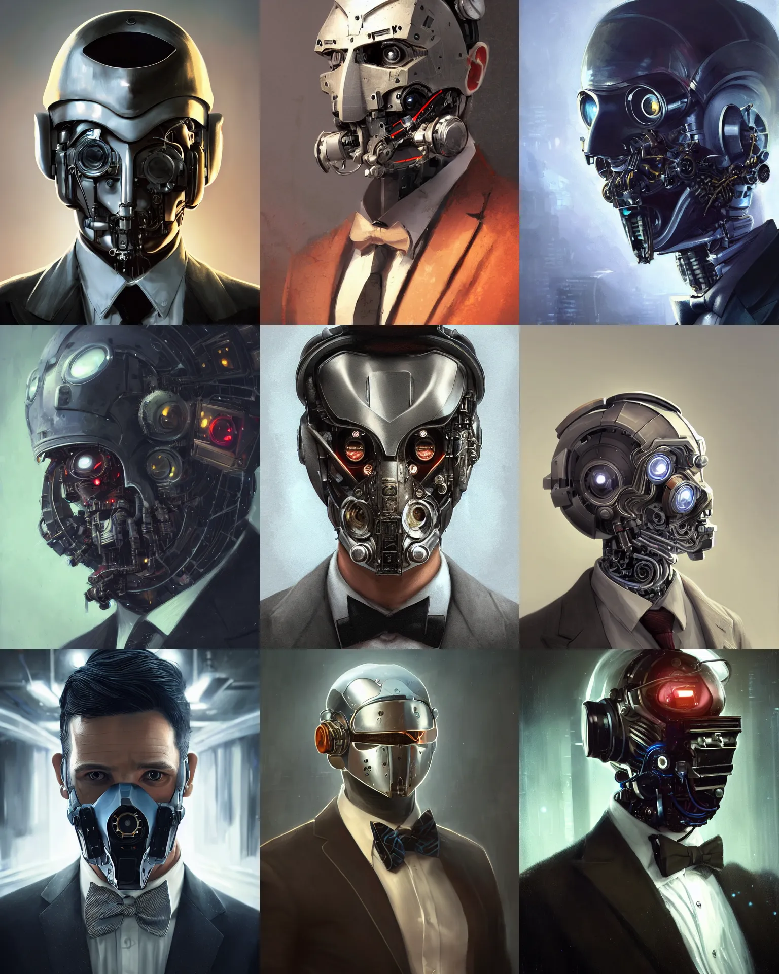 Prompt: a curious young engineer man with cybernetic enhancements wearing a suit and bowtie, detailed mask, scifi character portrait by greg rutkowski, esuthio, craig mullins, 1 / 4 headshot, cinematic lighting, dystopian scifi gear, gloomy, profile picture, mechanical, half robot, implants, steampunk