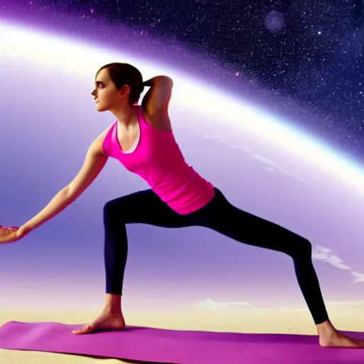 Prompt: emma watson as yoga instructor in space, trending high quality art station, cinematic shot, magical colors and atmosphere, perfect composition, coherent, 8 k